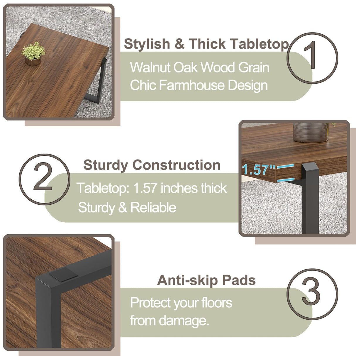 FOLUBAN Modern Coffee Table, Rustic Wood and Metal Center Table, Industrial Rectangle Cocktail Tea Table for Living Room, Walnut, 44 Inch FOLUBAN