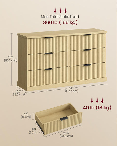 VASAGLE MAXE Collection - 6-Drawer Double Dresser for Bedroom, 54.2-Inch Wide Chest of Drawers, Fluted Panels, Mid Century Modern Storage Dresser, TV Stand for Living Room, Oak Beige ULTS662YC01S VASAGLE