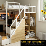 Kikihouse Full Size Loft Bed with Desk and Stairs, Headboard, Wardrobe, Bedside Storage Shelf, 6 Drawers, Charging Station & LED Light, Metal Gaming Loft Bed Frame for Adult Space-Saving Kikihouse