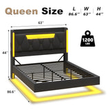 busyaeh Dark Gray Floating Bed Frame Queen with Hidden Storage, Charging Station & LED Lights busyaeh