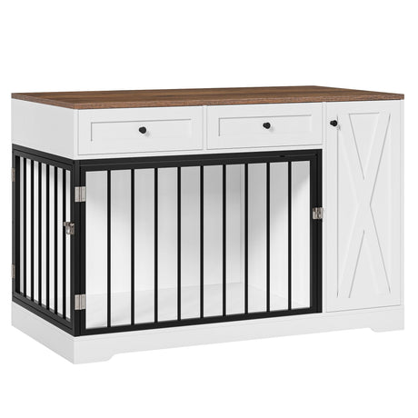 Dog Crate Furniture Kennel with Double Doors Wooden Pet House with 2 Drawers and Storage Cabinet, Indoor Dog Cage Farmhouse Modern Side End Table for Small Medium Dogs, White TTVIEW