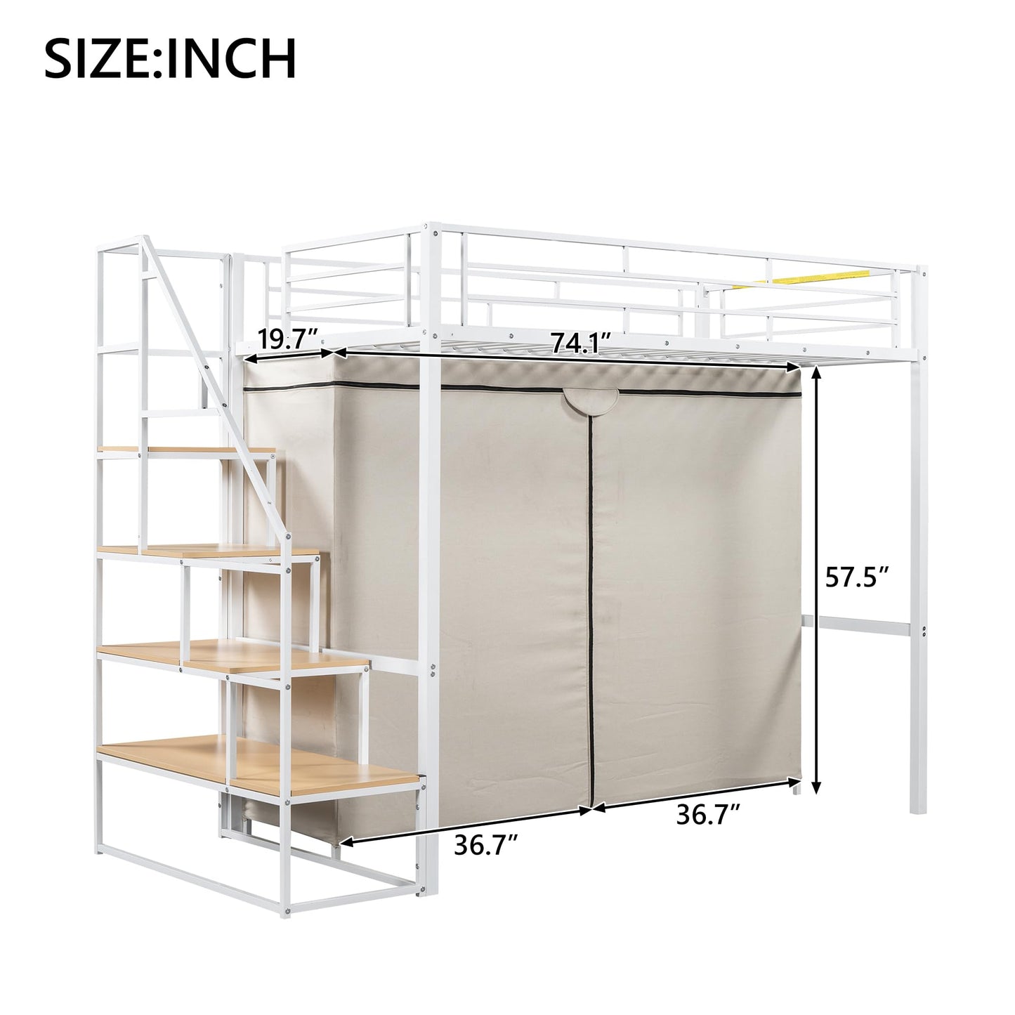 Twin Size Loft Bed with Stairs and Storage Shelves, Heavy Duty Loft Bed with Wardrobe and Removable Dust Cover, Twin Loft Bed with Full Length Guardrail, White Loft Bed Twin Size