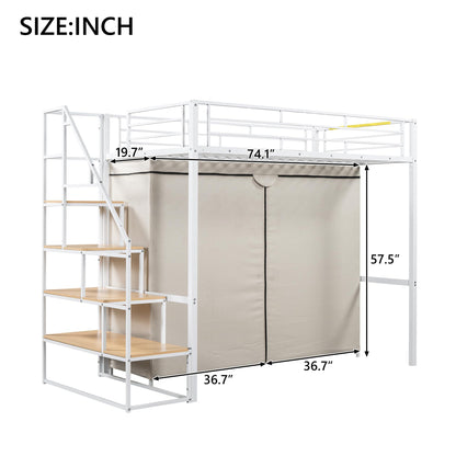 Twin Size Loft Bed with Stairs and Storage Shelves, Heavy Duty Loft Bed with Wardrobe and Removable Dust Cover, Twin Loft Bed with Full Length Guardrail, White Loft Bed Twin Size