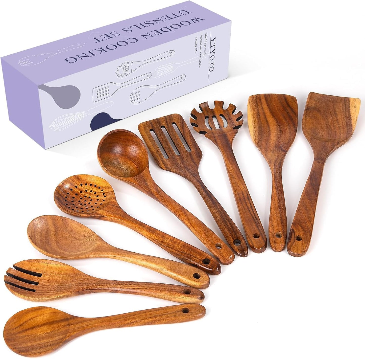 Teak Wooden Spoons for Cooking, Natural Solid Wooden Kitchen Cooking Utensils, Essential Wooden Kitchen Tools(9Pcs)