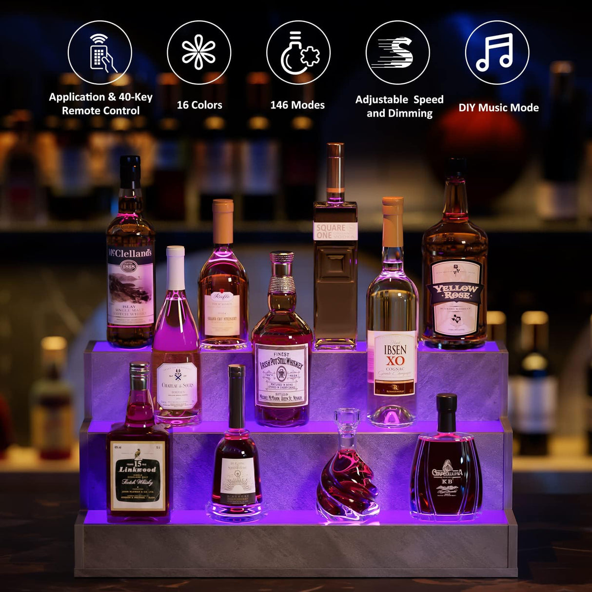 Bingoday 2 Pack LED Liquor Display Shelves Lighted Liquor Bottle Display Shelf with Acrylic Board Bar Display Stand for Home Bar Liquor Cabinet Decor (Grey, 3 step-24in) Bingoday