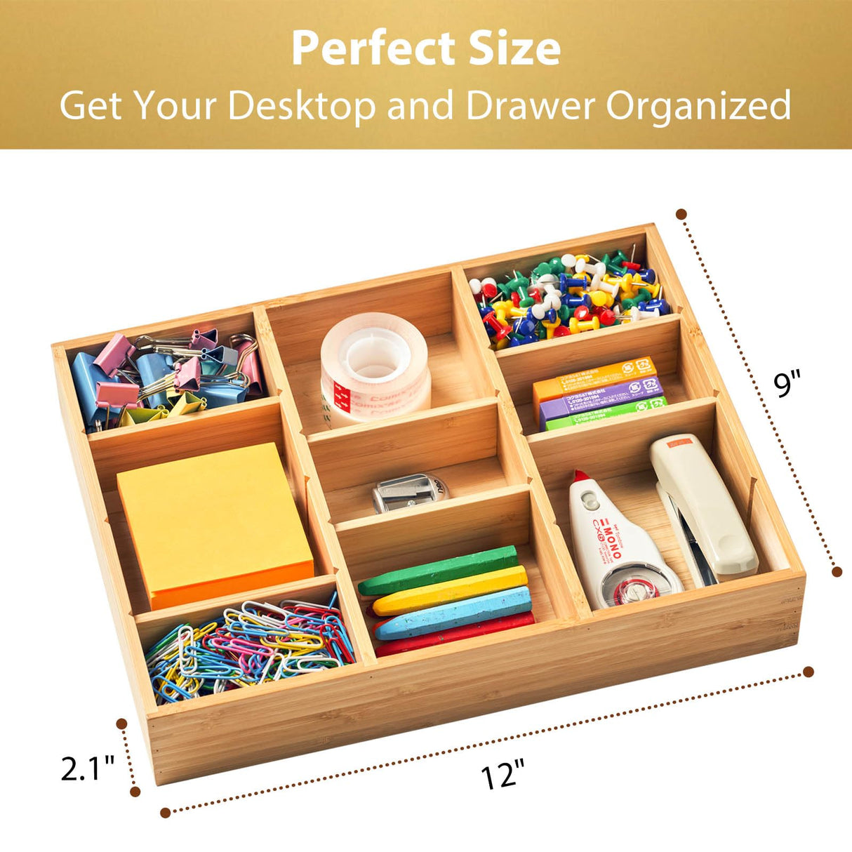 Umilife Desk Drawer Organizer, Bamboo Wood Organizer Tray with Adjustable Compartments, Office Desk Accessories Supplies Organization Storage, 12" x 9" Umilife