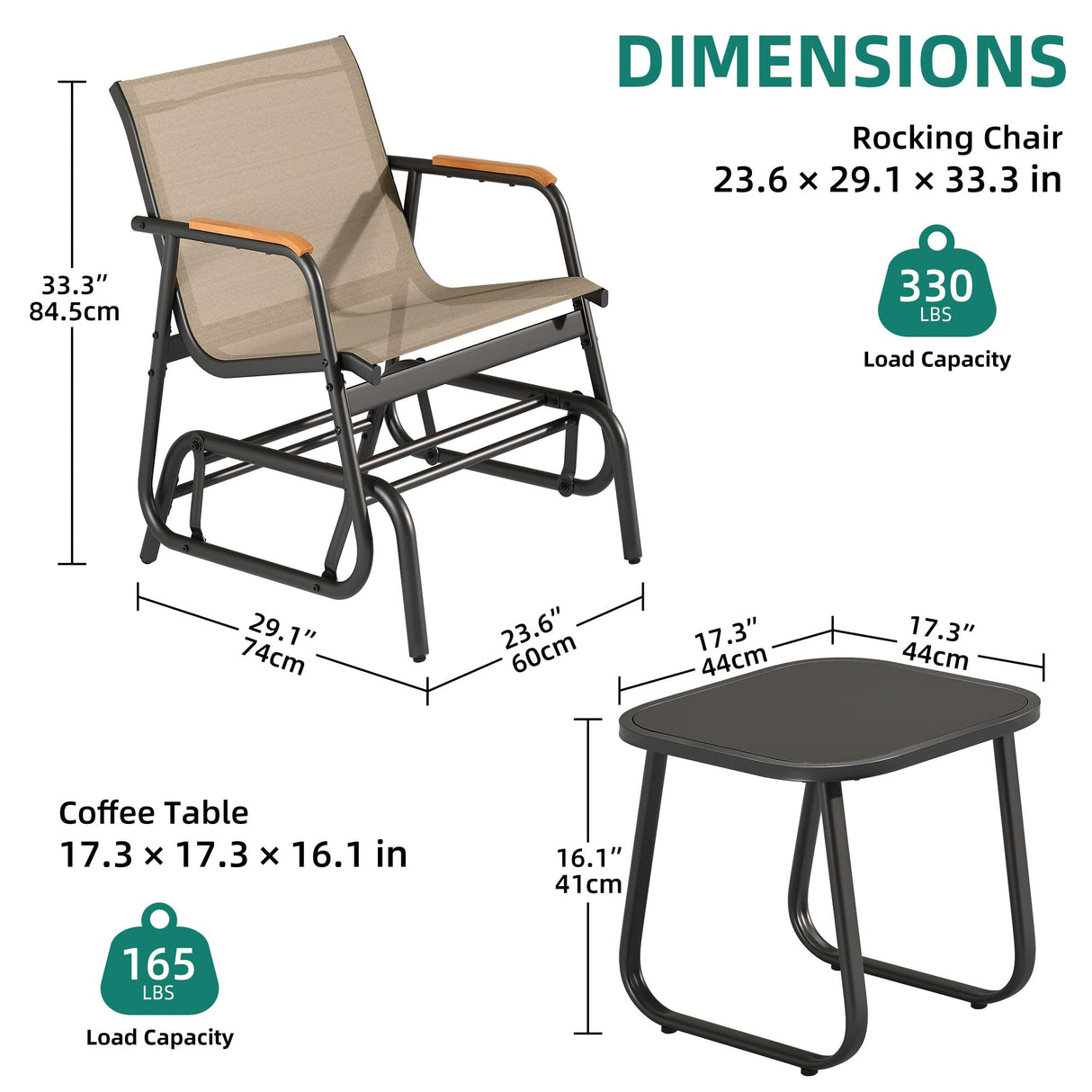 YITAHOME 3 Piece Patio Furniture Set, Outdoor Glider Chair Bistro Set, Coffee Table with Tempered Glass Tabletop, Patio Textilene Chairs Set of 2 for Backyard, Lawn, Garden, Balcony and Porch, Brown YITAHOME