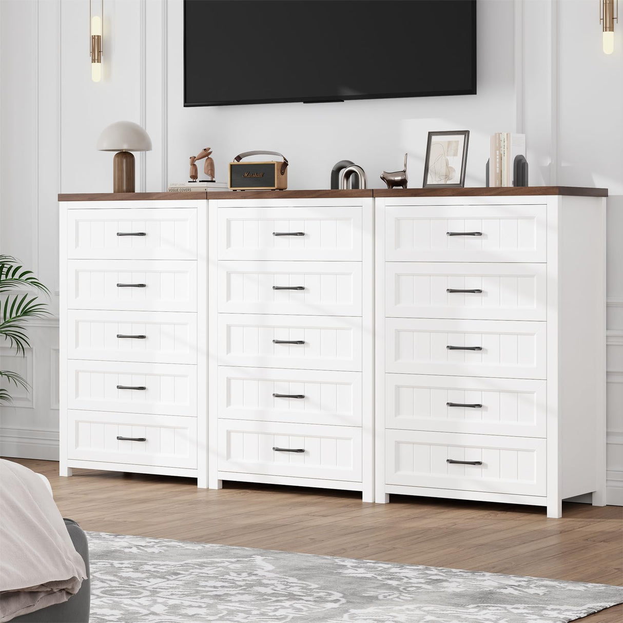 Jocoevol Elegant Farmhouse 5 Drawer Dresser for Bedroom - Tall Chest of Dresser with Spacious Storage, Solid Wood Construction for Living Room, Hallway & Entryway - White & Brown Jocoevol