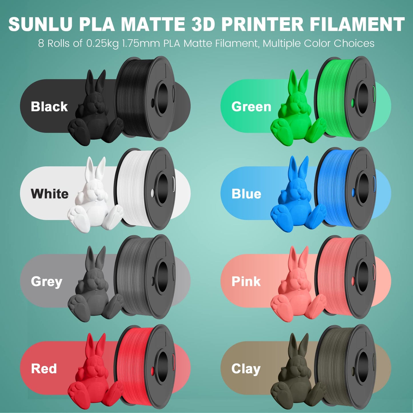 SUNLU 3D Printer Filament Bundle, PLA Matte Filament Bundle, 1.75mm PLA Filament Muticolor, Smooth Matte Surface, Neatly Wound Filament, 250G Spool, 8 Rolls, Black+White+Red+Blue+Green+Pink+G - WoodArtSupply