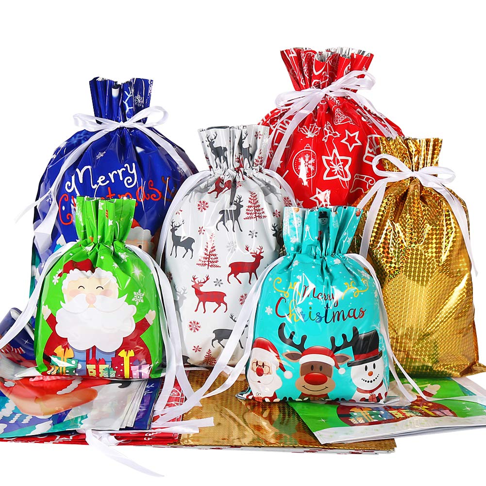 HRX Package Holiday Drawstring Gift Bags, 30pcs Christmas Foil Gift Wrapping Sacks Pouches for Xmas Presents Party Favor (Large Medium Small) HRX Package