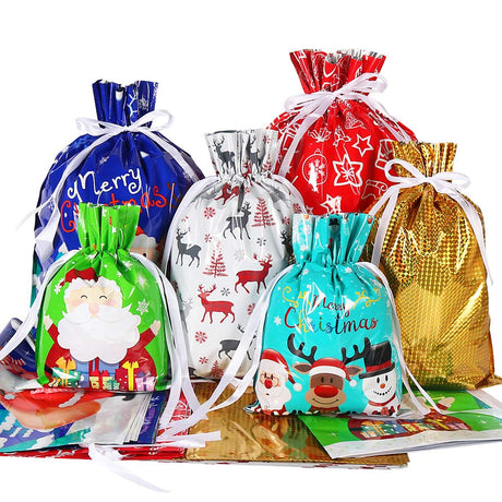 HRX Package Holiday Drawstring Gift Bags, 30pcs Christmas Foil Gift Wrapping Sacks Pouches for Xmas Presents Party Favor (Large Medium Small) HRX Package