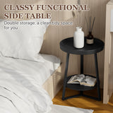 Gadroad Round End Table with Storage Shelf, 2 Tier Farmhouse Side Table Nightstand for Living Room, Bedroom, Wood Tabletop & Black Metal Frame, Black 15.7 * 15.7 * 23.6inches Gadroad