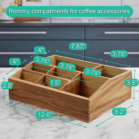 Acacia Wood Coffee Station Organizer for Countertop - 7 Compartments Coffee Bar Accessories and Organizer with Removable Dividers - Coffee and Tea Condiment storage Organizer for Coffee Bar Decor ALELION