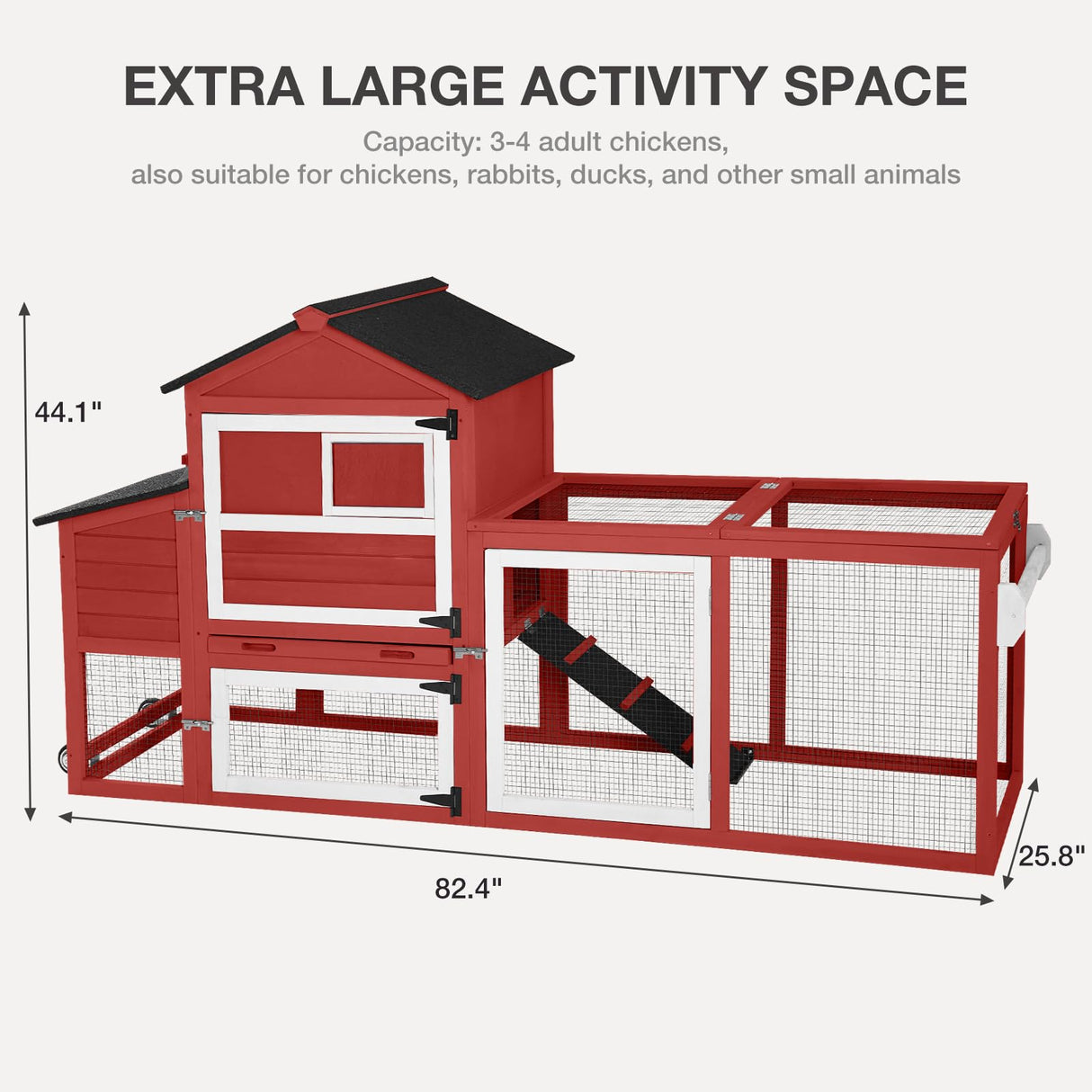 MEDEHOO Chicken Coop for Outdoor - Poultry Cage with Wheels, Nesting Box, Leakproof Pull-on Tray, and Asphalt Waterproof Roof - Red MEDEHOO