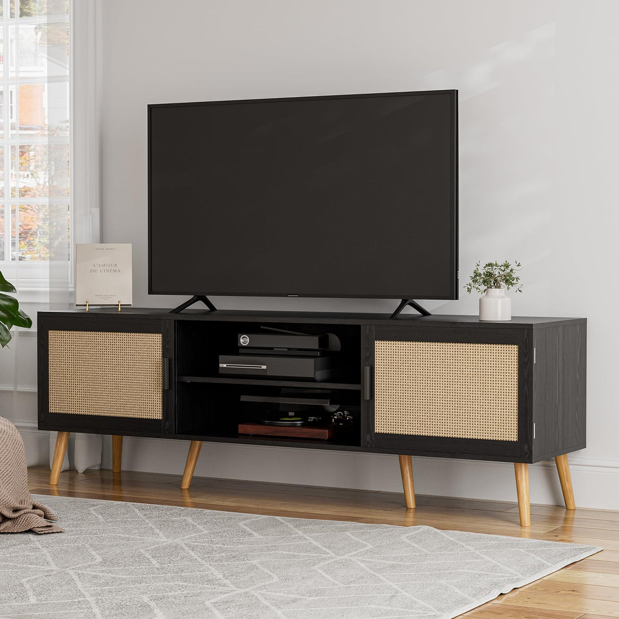 ZttRiee TV Stand for TVs up to 65'', Entertainment Center with Rattan Door, Shelves & 2 Cabinets, Boho Media TV Console for Living Room, Bedroom, Black ZttRiee