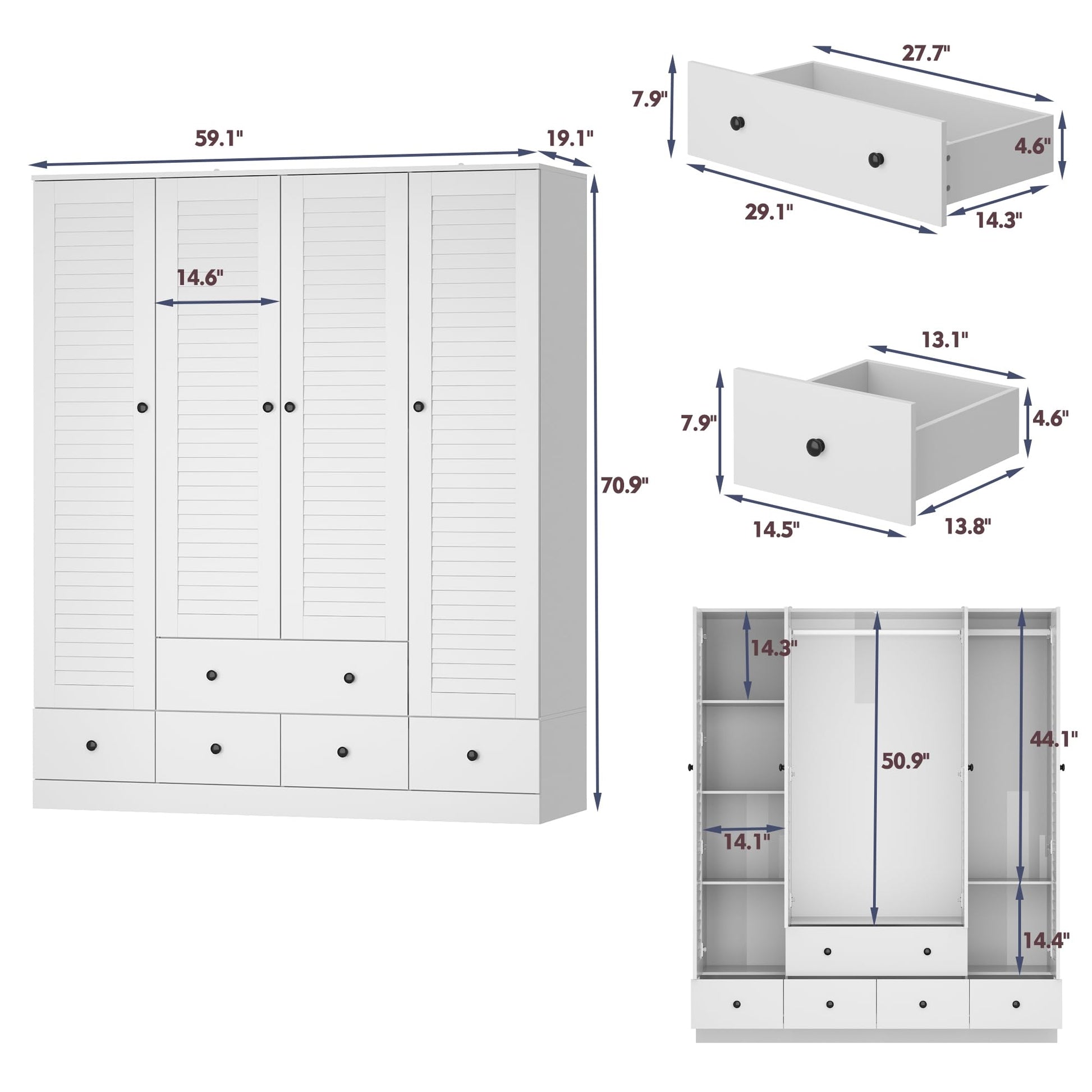 MOUMON 4 Shutter Door Wardrobe Armoire Closet with Shelves and Drawers, Armoire Wardrobe Closet with 2 Hanging Rods, for Bedroom White (59”W x 19”D x 70.9”H) - WoodArtSupply