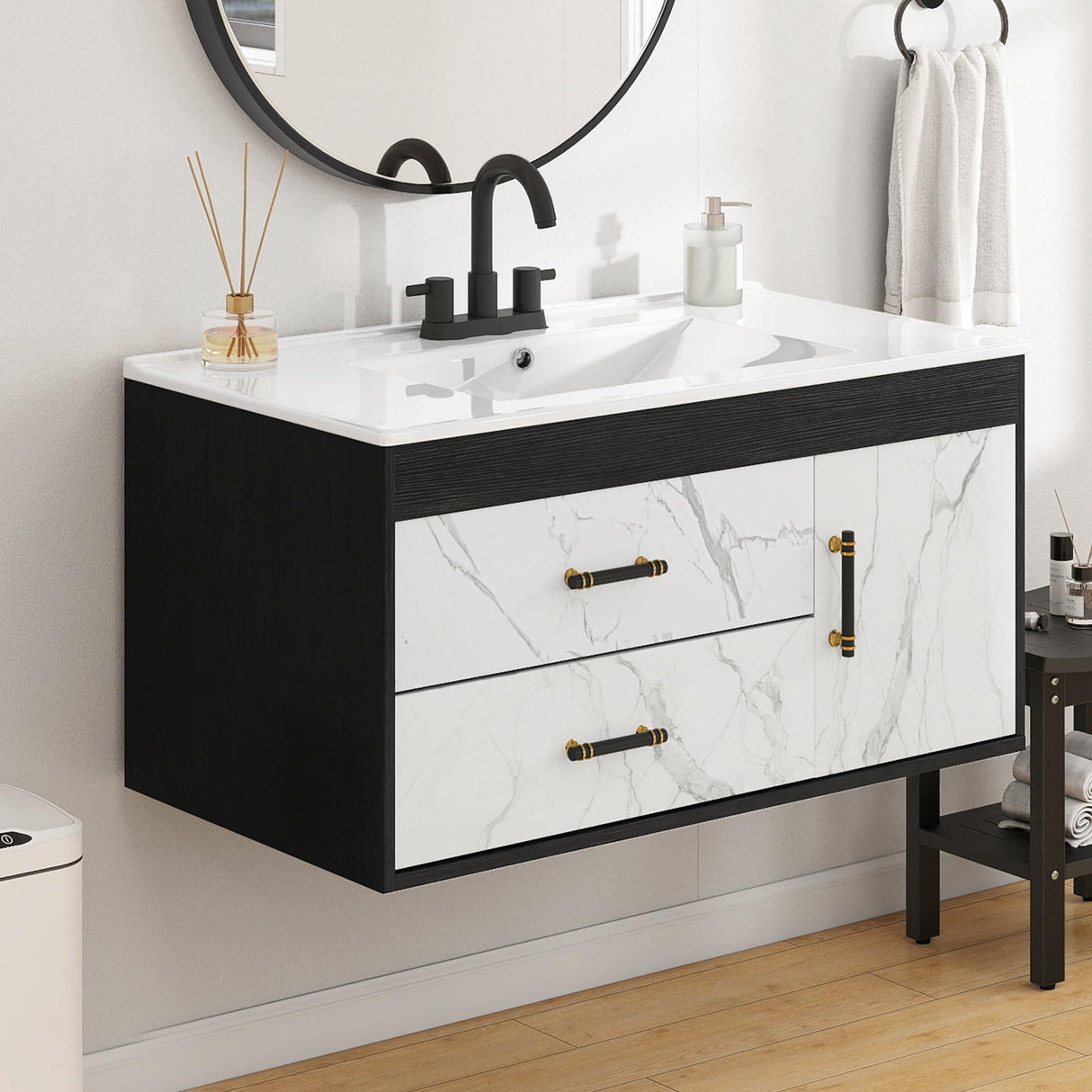 YITAHOME 36 Floating Vanity with Sink, Wall Mounted Bathroom Cabinet Vanity with Soft-Close System Cabinet, Marble Pattern, 2 Drawers & Pre-drilled Three Holes YITAHOME