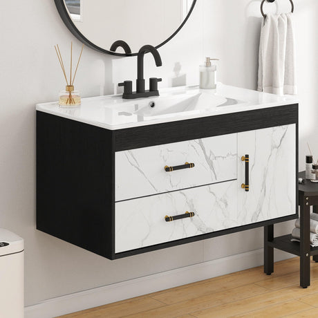 YITAHOME 36 Floating Vanity with Sink, Wall Mounted Bathroom Cabinet Vanity with Soft-Close System Cabinet, Marble Pattern, 2 Drawers & Pre-drilled Three Holes YITAHOME