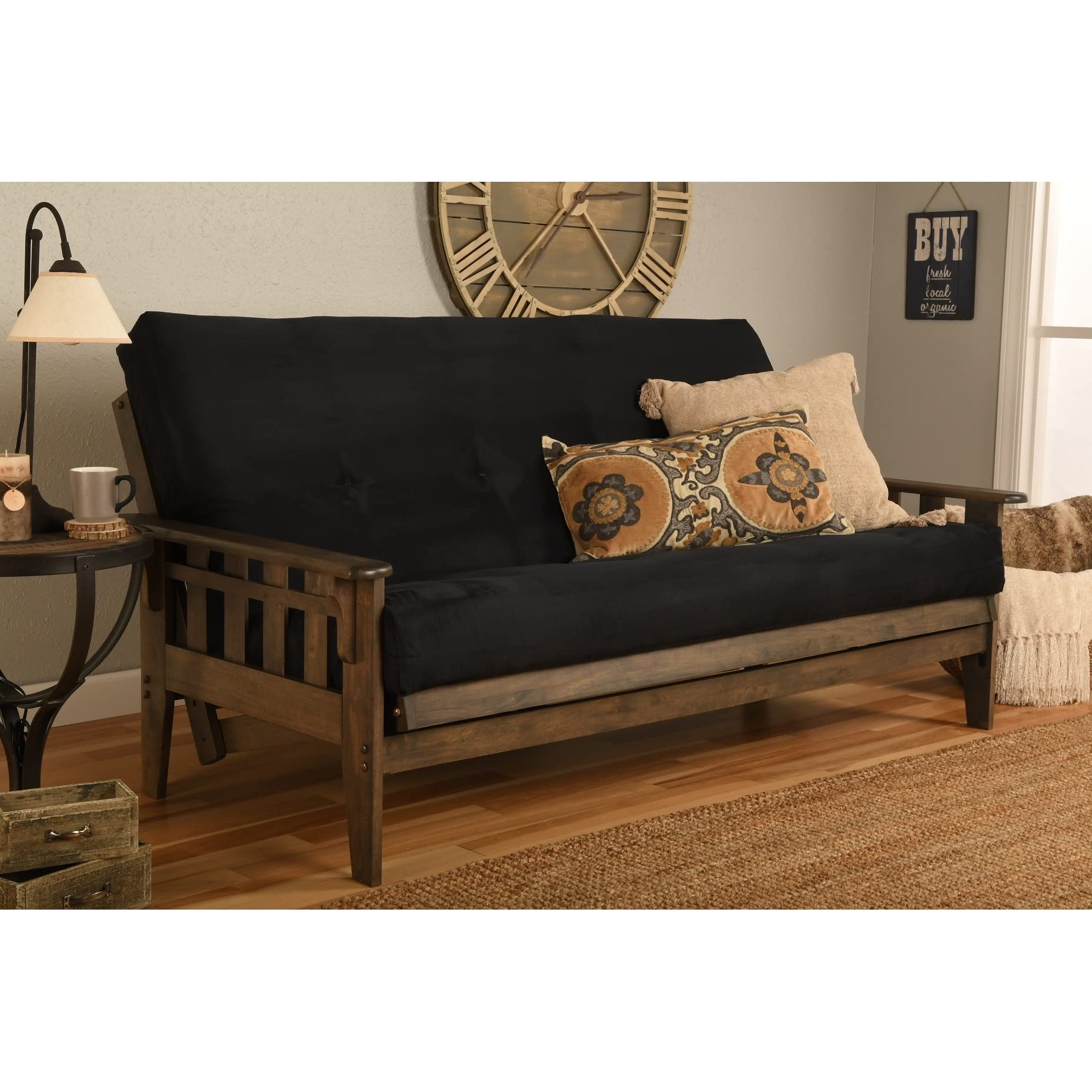 Kodiak Furniture Tucson Full Size Futon Set in Rustic Walnut Finish, Suede Black - WoodArtSupply