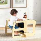 OLAKIDS Toddler Tower, 4 in 1 Foldable Kitchen Stool Learning Standing Tower with Chalkboard Removable Safety Rail, Kids Wooden Collapsible Montessori Step Stool Table and Chair Set Olakids