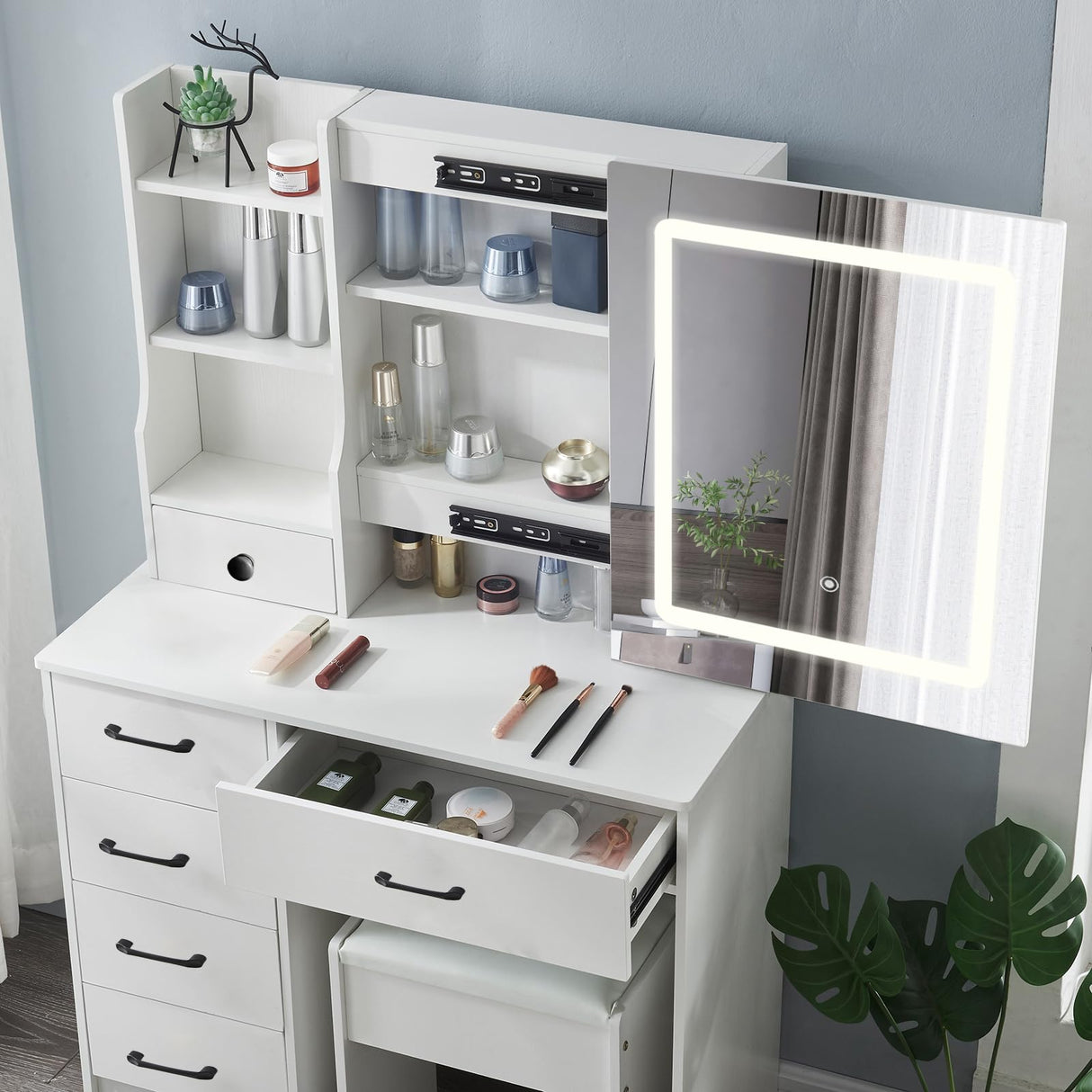 JBLCC Vanity Desk with Lighted Mirror, Large Makeup Vanity with Sliding Mirror, Storage Drawer & Chair, White Vanity Set Dressing Table for Bedroom (QW56LED) JBLCC