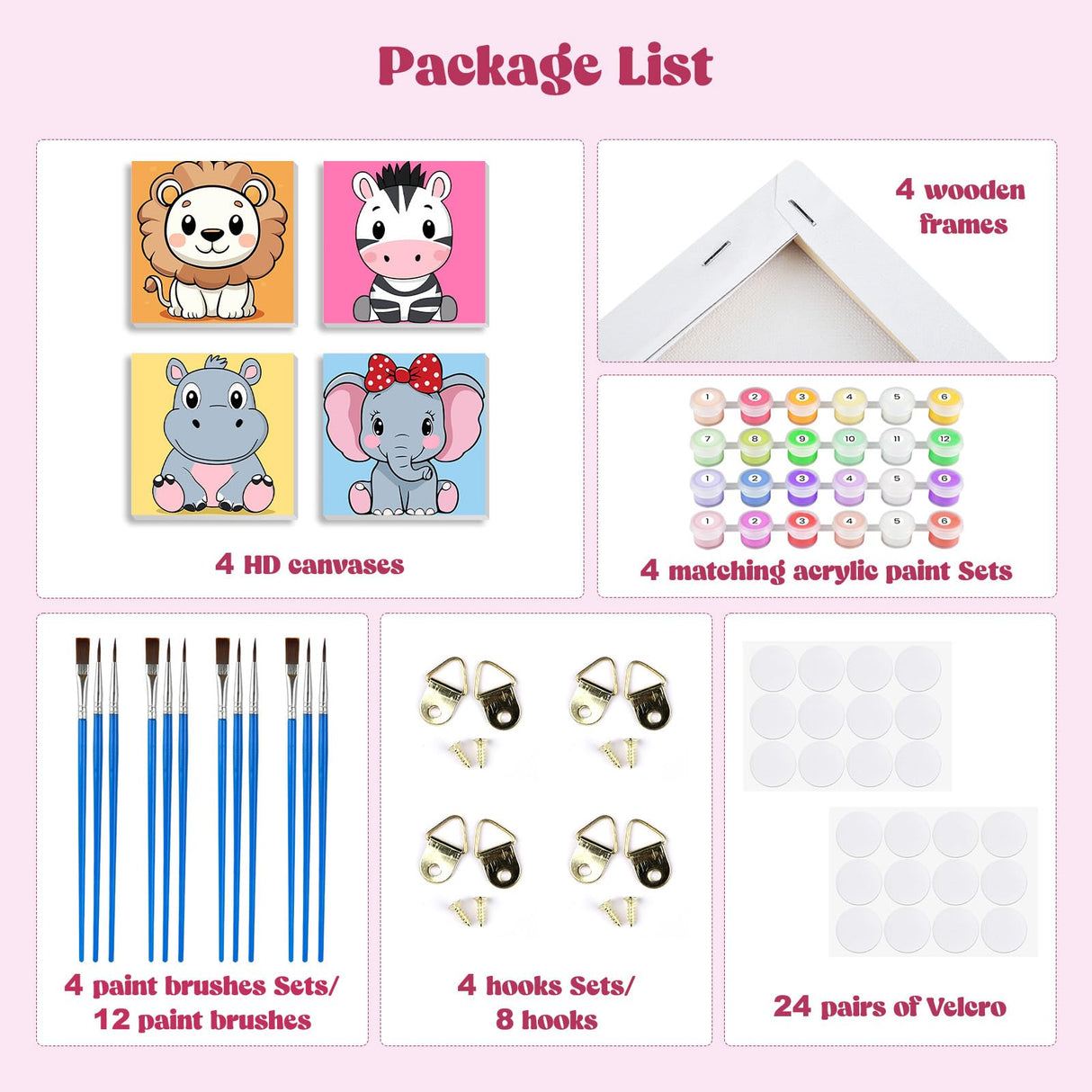 MXJSUA 4 Pack Lion Zebra Animals Paint by Numbers Kit with Framed Canvas for Kids, Hippo Elephant by Number Painting Kits for Ages 6-12 Kids, Acrylic Oil Paint by Number Kits for Beginners 8x8 Inch MXJSUA