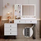 Large Vanity Desk with 3 Color Touch Screen Dimming Mirror, Vanity Desk with Charging Station, Modern Retractable Makeup Dressing Table, Vanity Table With storage shelves and 5 Sliding Drawers, White YYJ