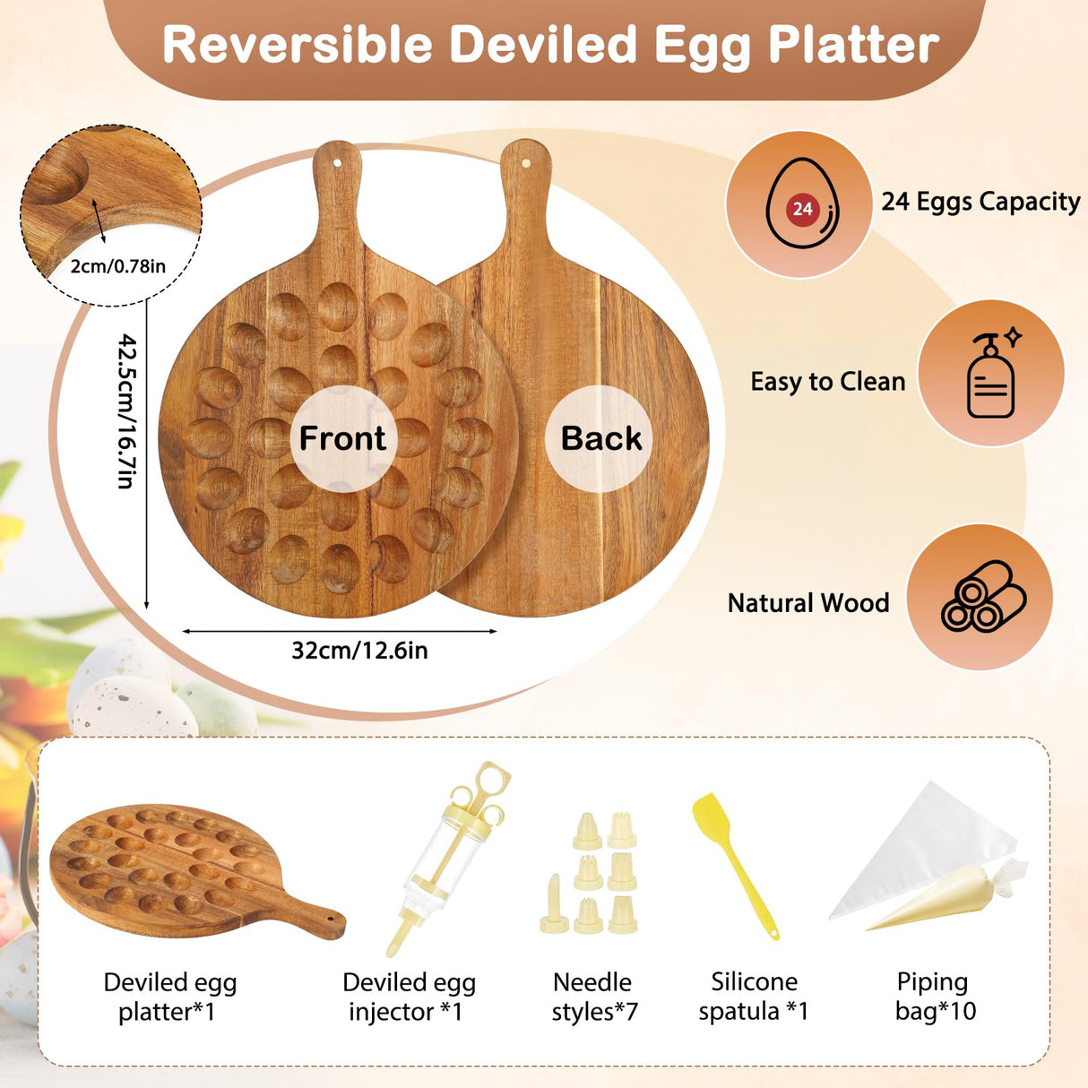 Reversible Wood Deviled Egg Platter Charcuterie Board, 24 Slots Deviled Egg Tray with Injector Piping Tool Silicone Spatula Piping Bag for Easter Party Essentials (16.7''x12.6''x0.78''. 24 slots) FACULX