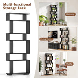 Tangkula 6-Tier S-Shaped Bookshelf, 64" Freestanding Geometric Bookcase, Home Office Wood Storage Shelf with Anti-Toppling Device, Room Divider Display Rack for Study, Living Room (1, Black) Tangkula