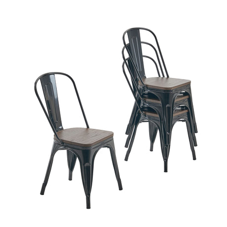 Nazhura Metal Dining Chair Farmhouse Tolix Style for Kitchen Dining Room Café Restaurant Bistro Patio, 18 Inch, Stackable, Waterproof Indoor/Outdoor (Sets of 4) (Black with Wood Padding) Nazhura