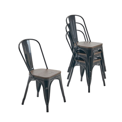 Nazhura Metal Dining Chair Farmhouse Tolix Style for Kitchen Dining Room Café Restaurant Bistro Patio, 18 Inch, Stackable, Waterproof Indoor/Outdoor (Sets of 4) (Black with Wood Padding)