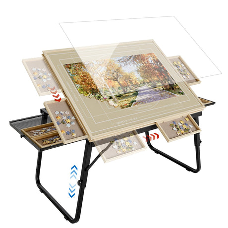 Puzzle Table with Drawers for 1500 Piece Jigsaw Puzzles – Adjustable Tilting Puzzle Board with Folding Legs & 6 Slidable Sorting Trays for Adults, Portable Wooden Puzzle Boards with Protective Cover EVAWOO