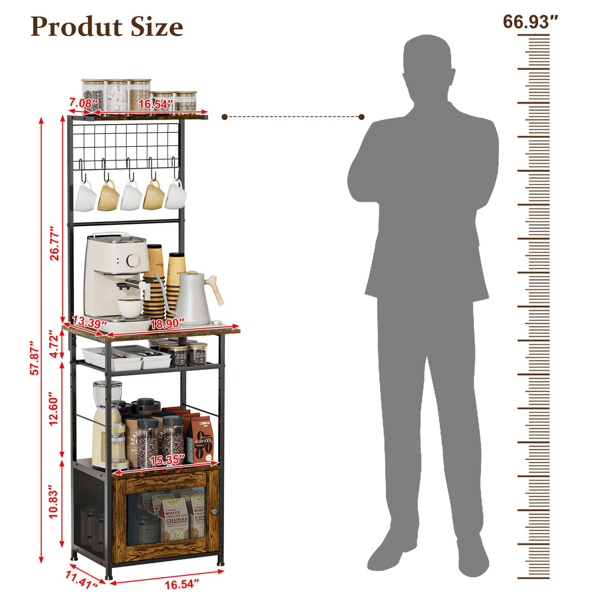 5-Tier Coffee Bar Cabinet with Visual Door, Small Kitchen Microwave Stand with 5 S-Shaped Hooks, 57.87”H Tall Bakers Rack with Storage Cabinet, Small Coffee Bar for Kitchen Living Room- Rustic Brown Hayexiha