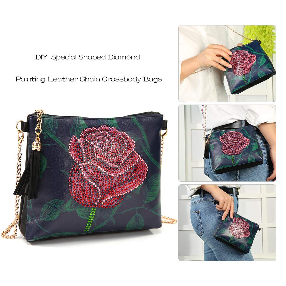 Diamond Painting Kits for Kids & Adult Cross-Body Handbag with Chain 5D DIY Rhinestone Cross Stitch Arts Craft Makeup Shoulder Bag Zipper for Christmas Gift Ross Beauty (Rose) Ross Beauty