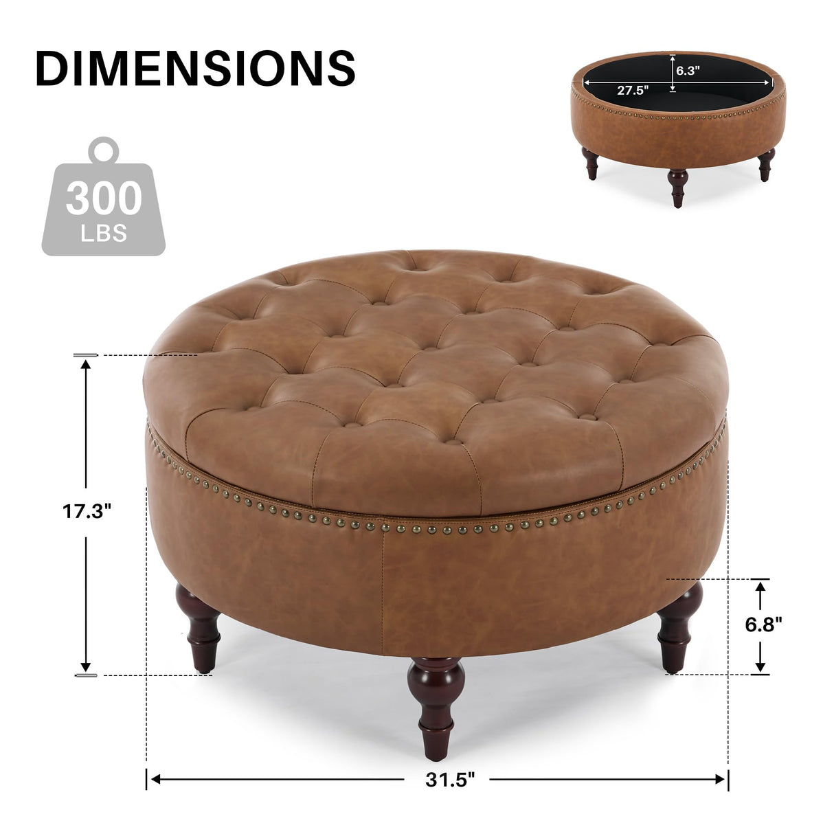 obmedin 31.5" Large Round Storage Ottoman, Upholstered Tufted PU Ottoman Coffee Table, Large Footrest with Solid Wooden Legs and Nailheads, Side Table for Living Room Bedroom Office, Brown obmedin