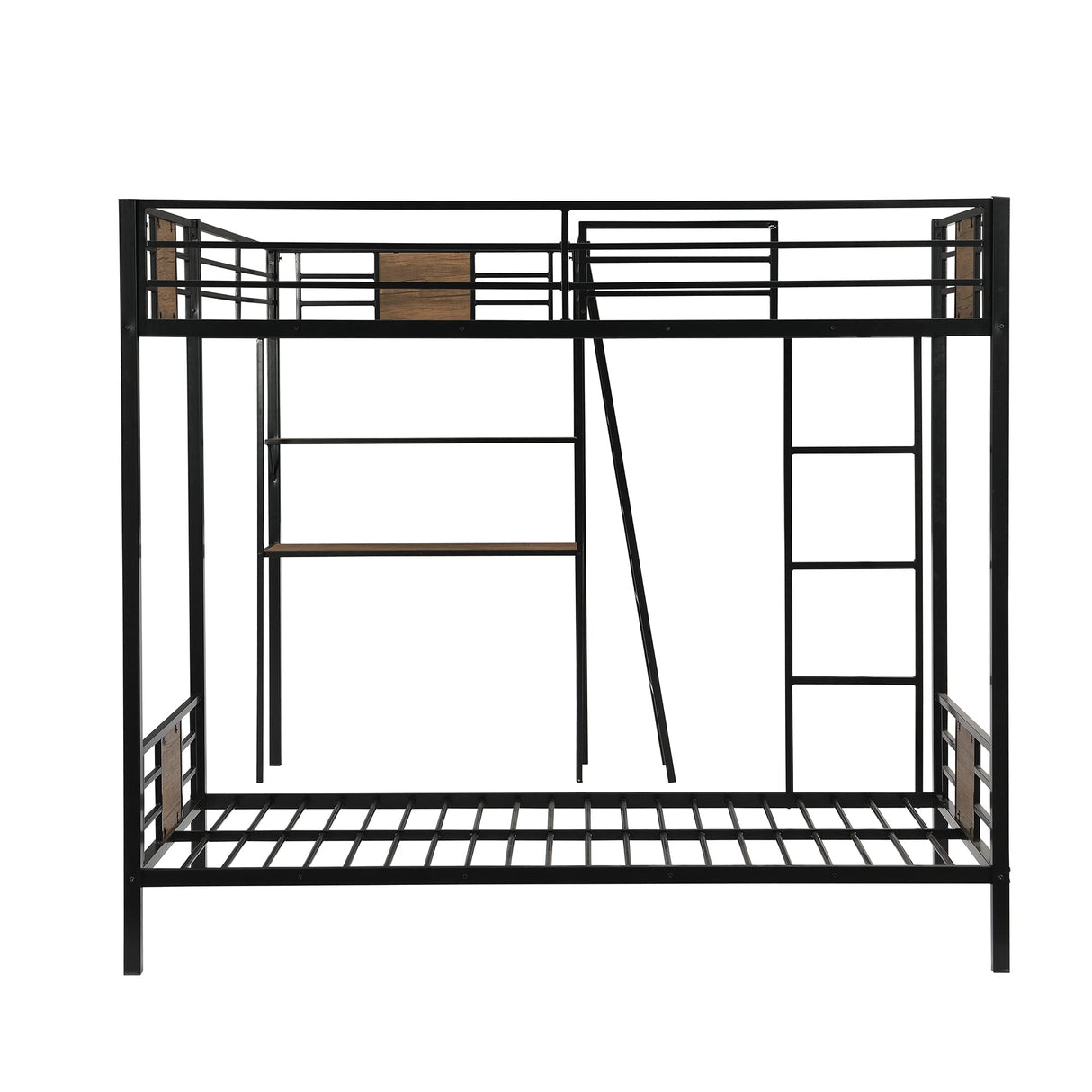 Metal Triple Bunk Bed with Desk and Shelf, L-Shaped Bunk Bed for 3 Kids Teens Adults, Twin Over Twin Bunk Bed with a Twin Size Loft Bed Attached – Brown Bellemave