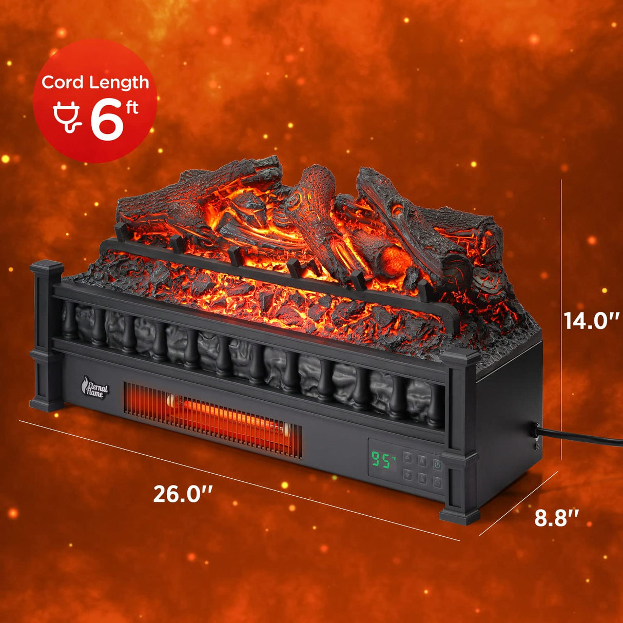 TURBRO Eternal Flame 26-Inch Infrared Quartz Electric Fireplace Log Heater, Realistic Lemonwood Logs, Adjustable Flame Colors, Remote Control, Thermostat, Timer, EF26-LG, 1500W TURBRO