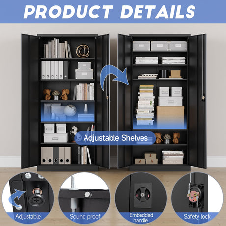 Yizosh Metal Garage Storage Cabinet with Lock, 72" Locking Tool Cabinet with 2 Doors and 5 Shelves, Tall Steel Cabinet for Garage, Heavy Duty File Cabinet for Office, School (Black) Yizosh