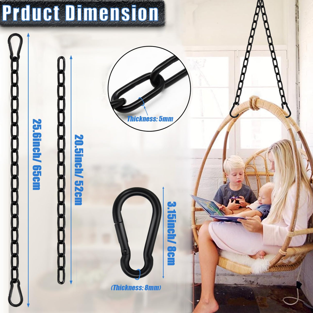 2 Pack Hanging Swing Chain with 4 Carabiners 25.6in, 660LB Capacity Heavy Duty Hammock Hardware Kit for Punching Bags, Swing Chairs, Indoor & Outdoor Gym (Black) Gelury