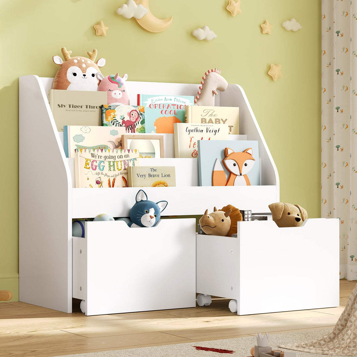 Kids Bookshelf - 4 Tier Small Bookcase for Kids Room, Toy Storage for Children with 2 Movable Drawers, Hidden Wheels, Toddler Book Display Shelves for Classrooms, Nursery, Playroom and Bedroom, White Sikaic