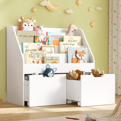Kids Bookshelf - 4 Tier Small Bookcase for Kids Room, Toy Storage for Children with 2 Movable Drawers, Hidden Wheels, Toddler Book Display Shelves for Classrooms, Nursery, Playroom and Bedroom, White