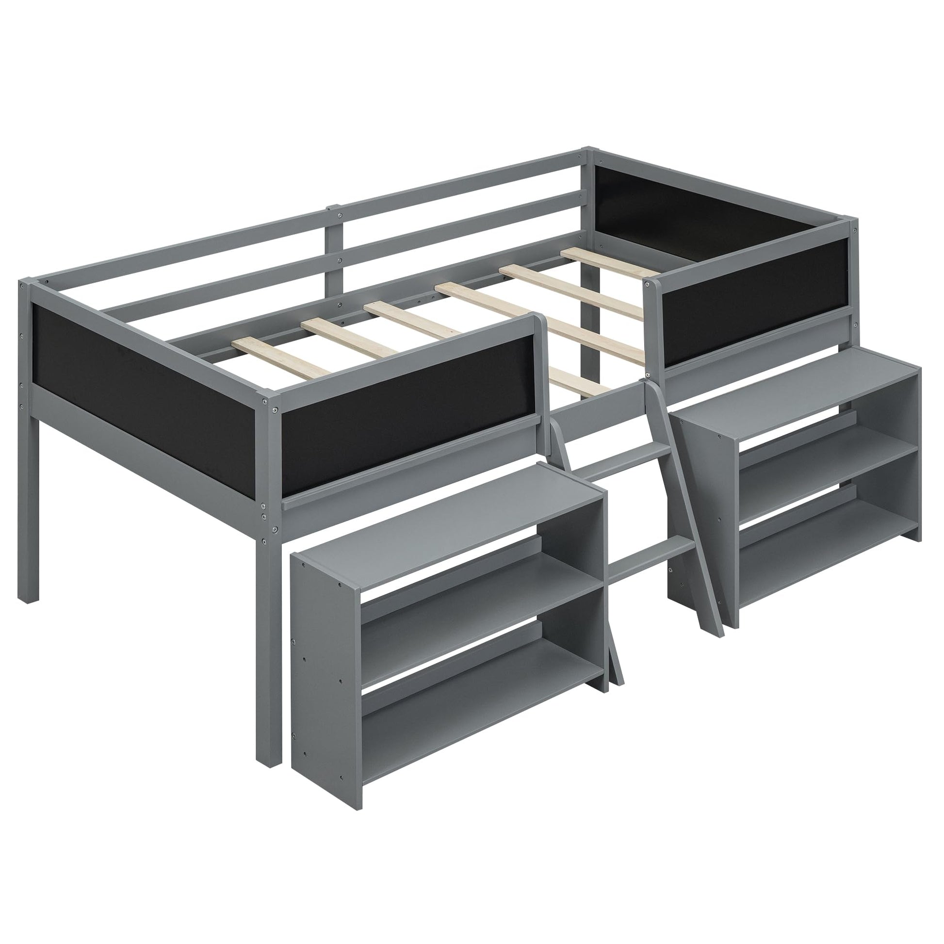 Bellemave Twin Low Loft Bed with Movable Shelves, Chalkboard, and Storage - Gray - WoodArtSupply