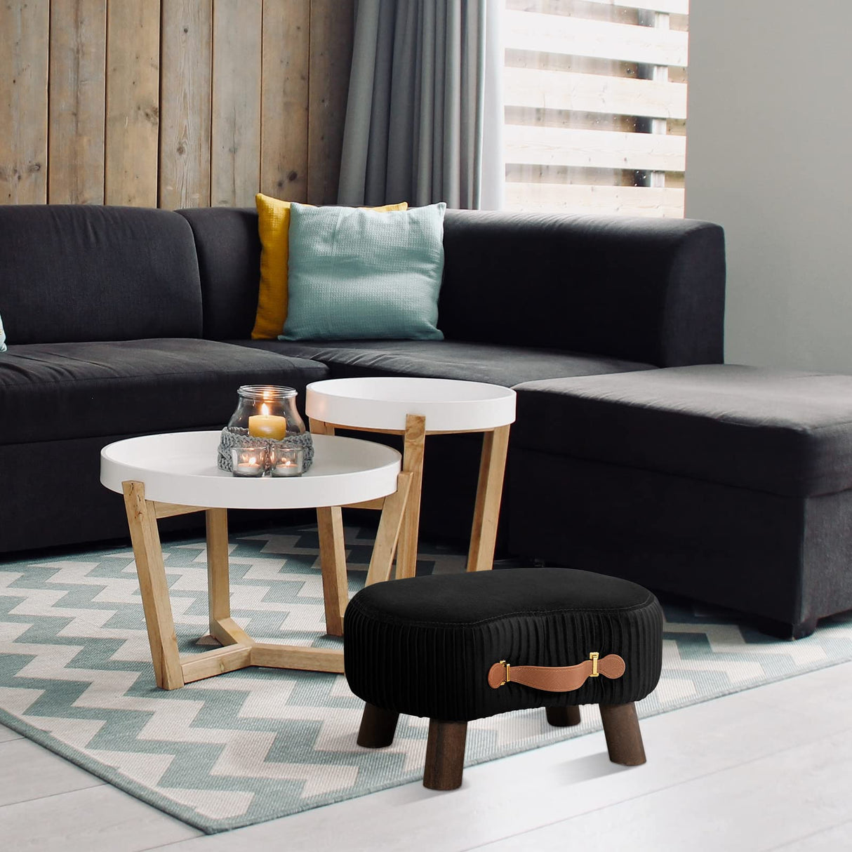 LUE BONA Small Curved Foot Stool with Handle, Black Velvet Footstool and Ottomans, Modern Foot Rest with Wooden Legs, Step Stool with Padded Seat for Couch, Living Room LUE BONA