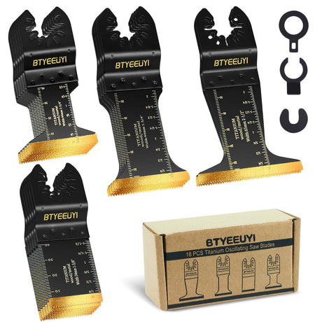 BTYEEUYI 18 PCS Titanium Oscillating Tool Blades Metal Cutting, Universal Multitool Blades for Metal Nails Wood Plastic and Hard Material, Multi Tool Blades Kits Fit Dewalt Ryobi Bosch Milwaukee BTYEEUYI