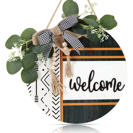 CHDITB Boho 3D Welcome Front Door Wreath Sign(11.42"x11.42"), Farmhouse Porch Door Decor Sign with Eucalyptus Leaves Plaid Bow Bead, Rustic Hello Welcome Door Hanger Decoration Hanging for Office Home CHDITB