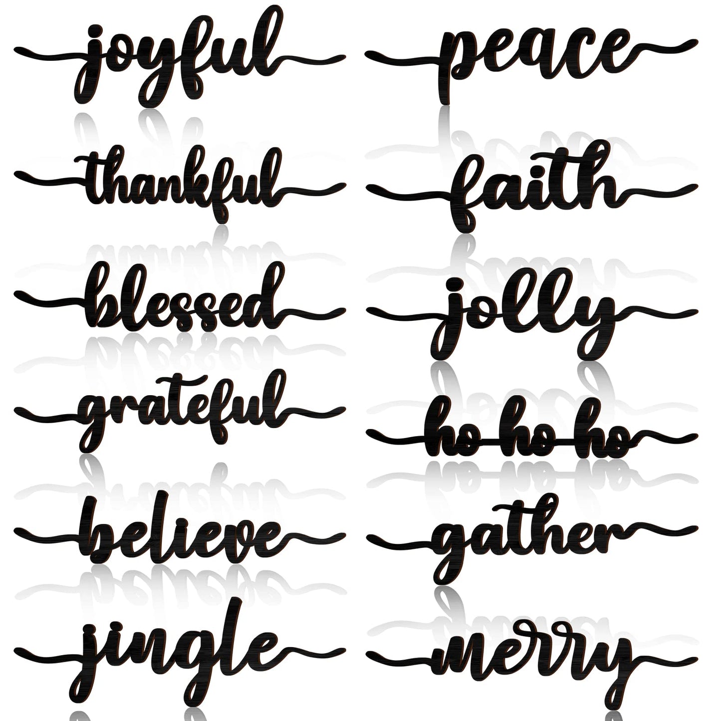 12 Pieces Christmas Word Cutout Wood Cutout Joyful Merry Thankful Grateful Blessed Peace Gather Word Sign Christmas Plate Cutout Rustic Christmas Signs for Home Table Plate Decoration, Classic Style