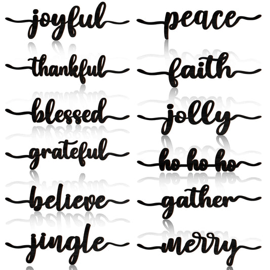 12 Pieces Christmas Word Cutout Wood Cutout Joyful Merry Thankful Grateful Blessed Peace Gather Word Sign Christmas Plate Cutout Rustic Christmas Signs for Home Table Plate Decoration, Classic Style