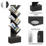 Rolanstar 7 Tier Bookshelf with Drawer, Tree Bookshelf, Small Bookshelves with Storage Rack for CDs/Movies/Books, Standing Book Shelf, Tall Narrow Bookcase for Living Room, Bedroom, Black Rolanstar