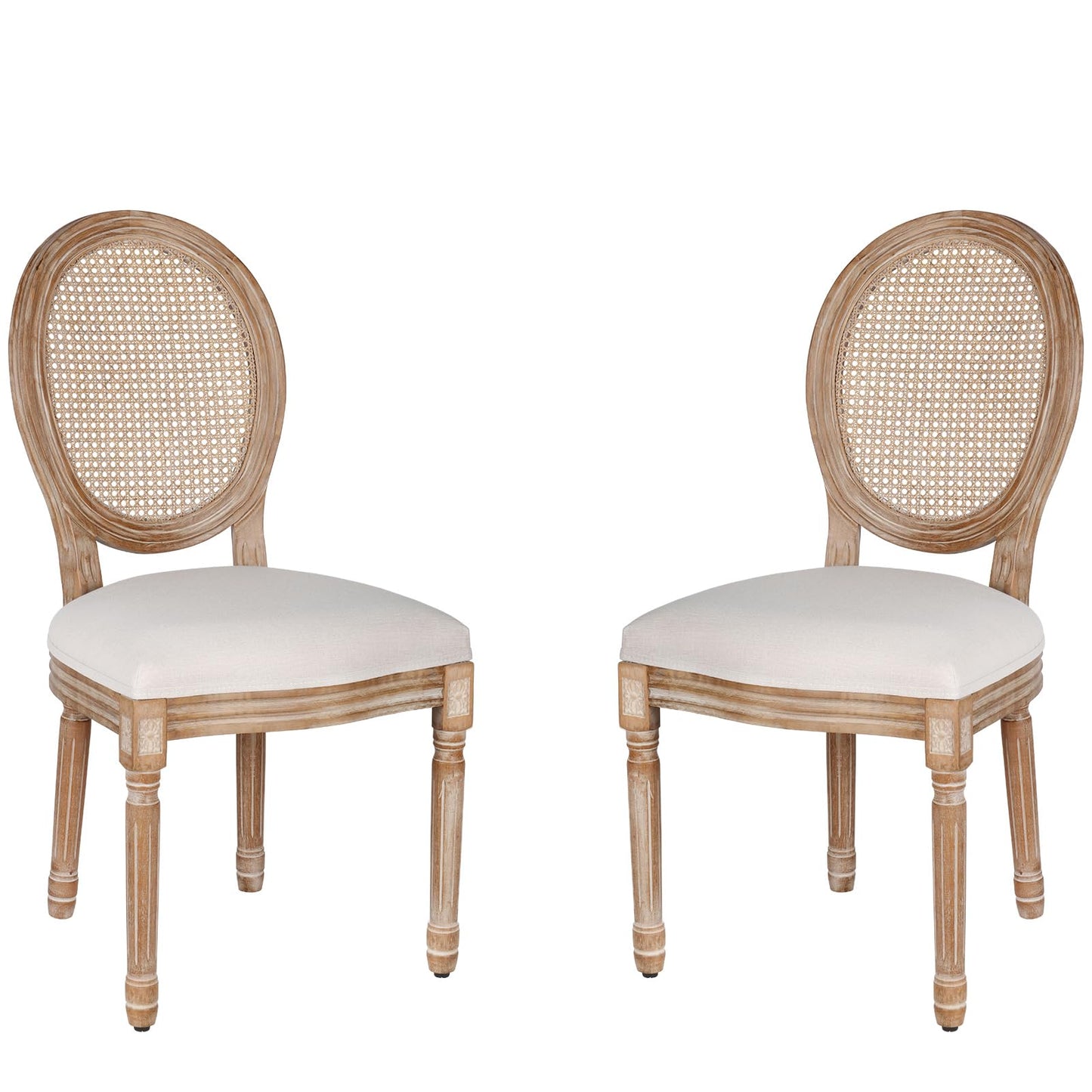 Polar Aurora Dining Chairs Set of 2 Beige Rattan Round Back with Solid Wood Legs and Frame for French Country Kitchen Dining Room - WoodArtSupply