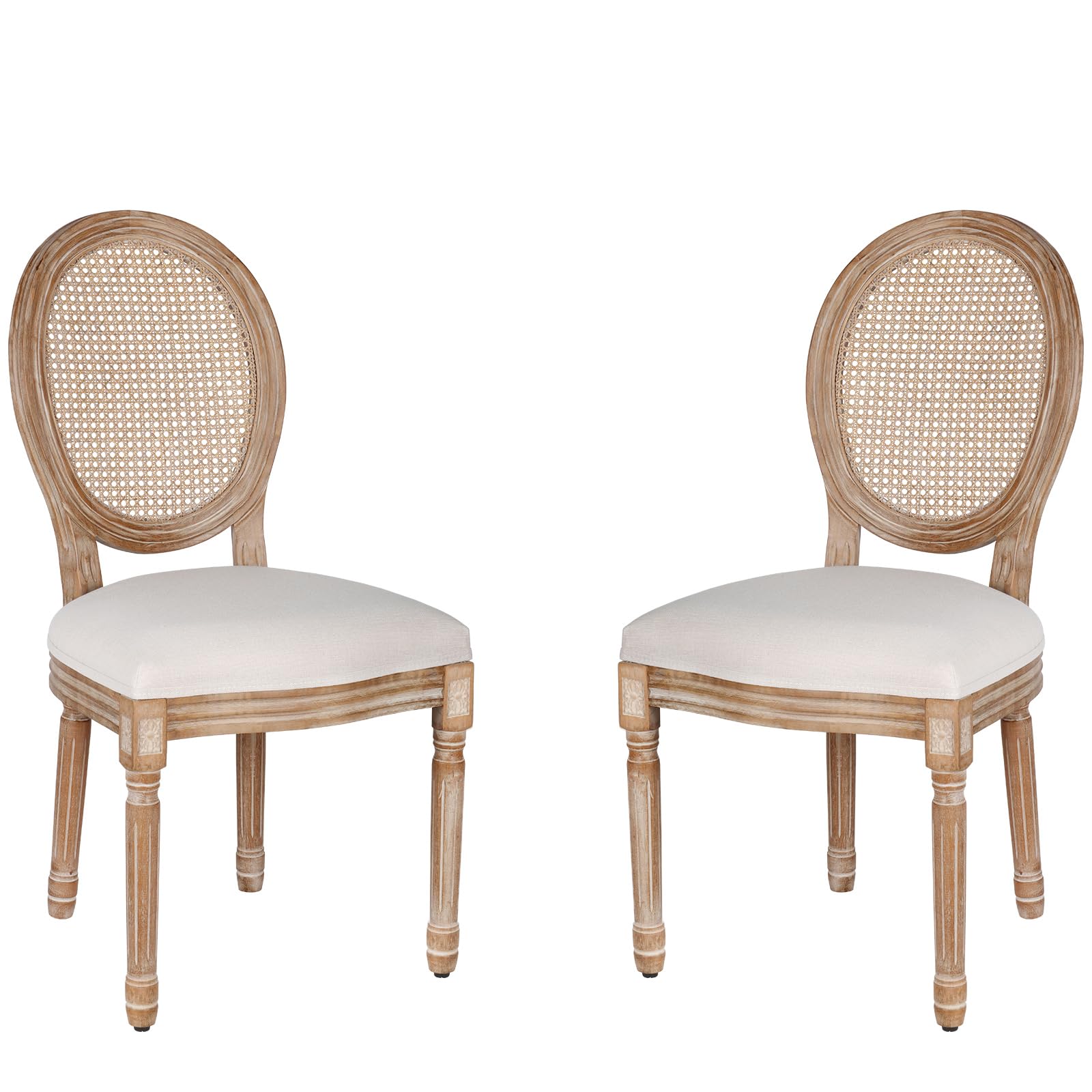 Polar Aurora Dining Chairs Set of 2 Beige Rattan Round Back with Solid Wood Legs and Frame for French Country Kitchen Dining Room - WoodArtSupply